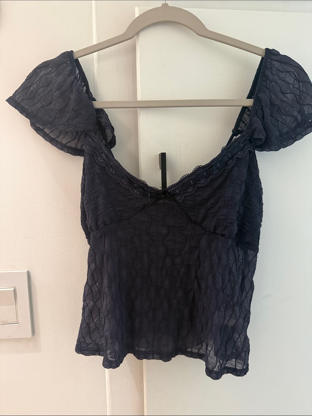 Navy Lace-Trim Short Sleeve Camisole